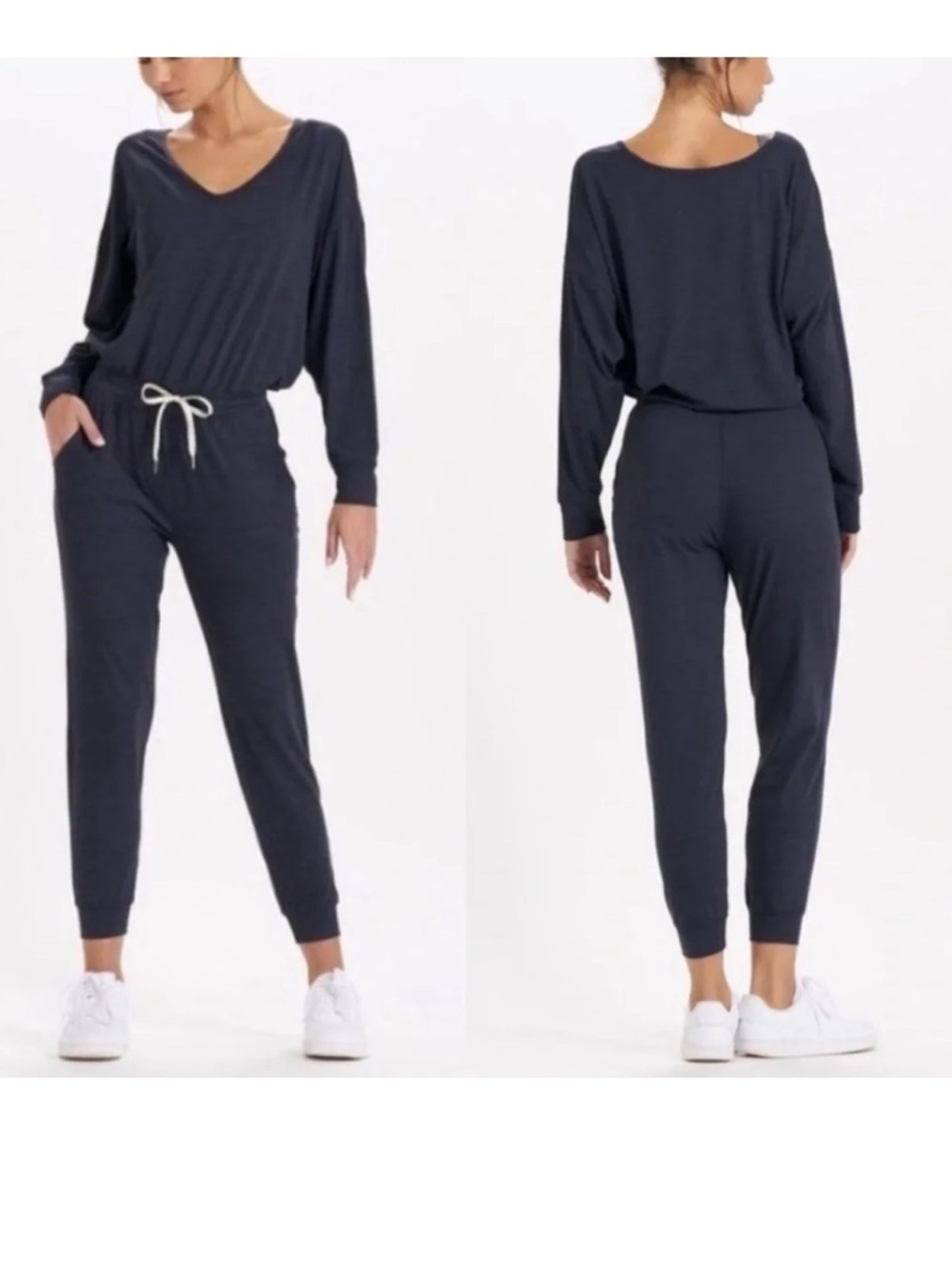 Vuori Charcoal Relaxed V-Neck Jogger Jumpsuit with Cream Drawstring